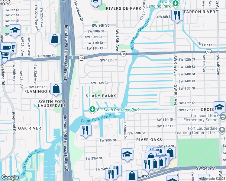 map of restaurants, bars, coffee shops, grocery stores, and more near 1505 Southwest 15th Avenue in Fort Lauderdale