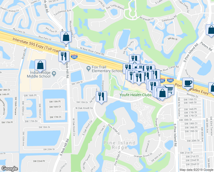 map of restaurants, bars, coffee shops, grocery stores, and more near 9435 Evergreen Place in Davie