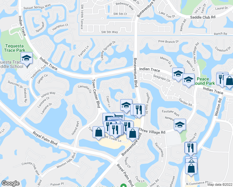 map of restaurants, bars, coffee shops, grocery stores, and more near 1306 Saint Tropez Circle in Weston