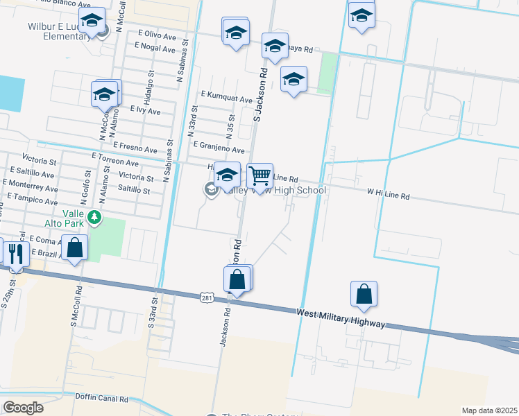 map of restaurants, bars, coffee shops, grocery stores, and more near 10501 South Jackson Road in Pharr