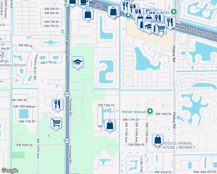 map of restaurants, bars, coffee shops, grocery stores, and more near 11867 Southwest 13th Court in Davie
