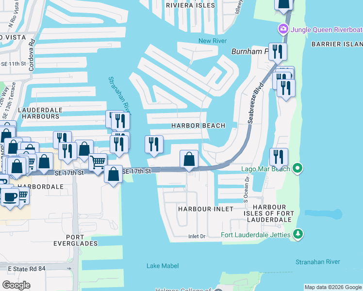 map of restaurants, bars, coffee shops, grocery stores, and more near 2540 Mercedes Drive in Fort Lauderdale