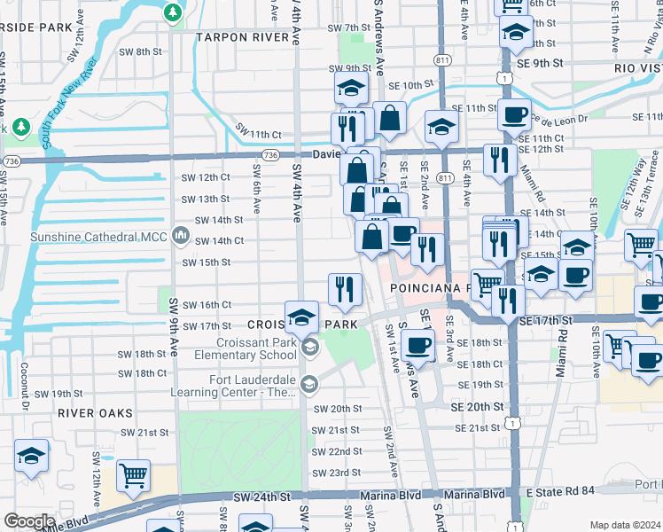 map of restaurants, bars, coffee shops, grocery stores, and more near 215 Southwest 15th Street in Fort Lauderdale