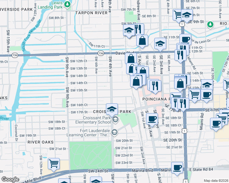 map of restaurants, bars, coffee shops, grocery stores, and more near 395 Southwest 15th Street in Fort Lauderdale