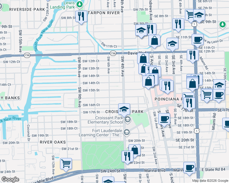 map of restaurants, bars, coffee shops, grocery stores, and more near 421 Southwest 15th Street in Fort Lauderdale