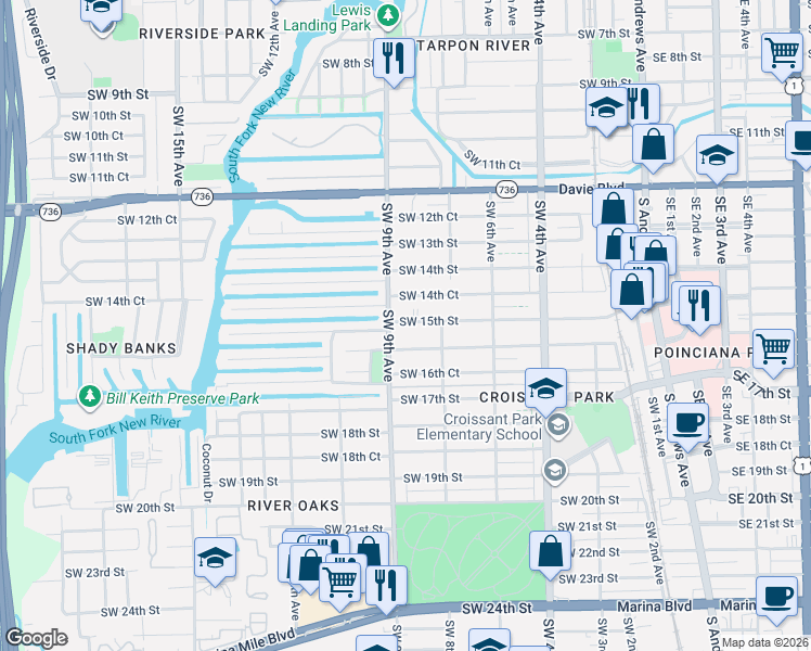 map of restaurants, bars, coffee shops, grocery stores, and more near 1480 Southwest 9th Avenue in Fort Lauderdale