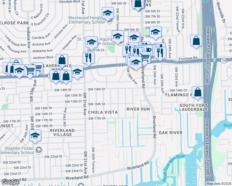 map of restaurants, bars, coffee shops, grocery stores, and more near 2864 Southwest 14th Street in Fort Lauderdale