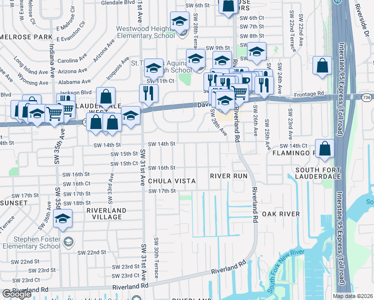 map of restaurants, bars, coffee shops, grocery stores, and more near 2900 Southwest 14th Street in Fort Lauderdale