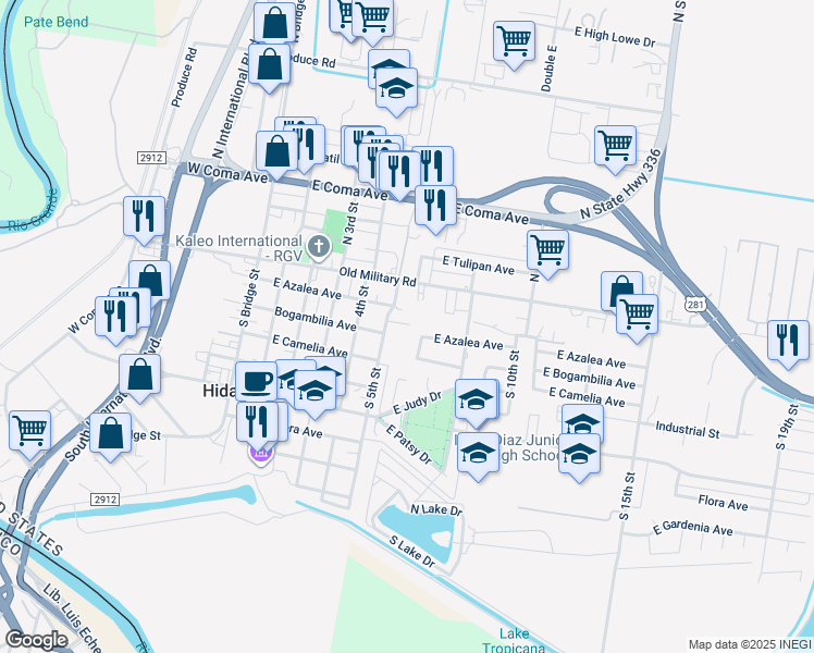 map of restaurants, bars, coffee shops, grocery stores, and more near 211 South 5th Street in Hidalgo