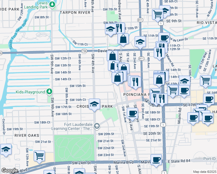 map of restaurants, bars, coffee shops, grocery stores, and more near 215 Southwest 15th Street in Fort Lauderdale