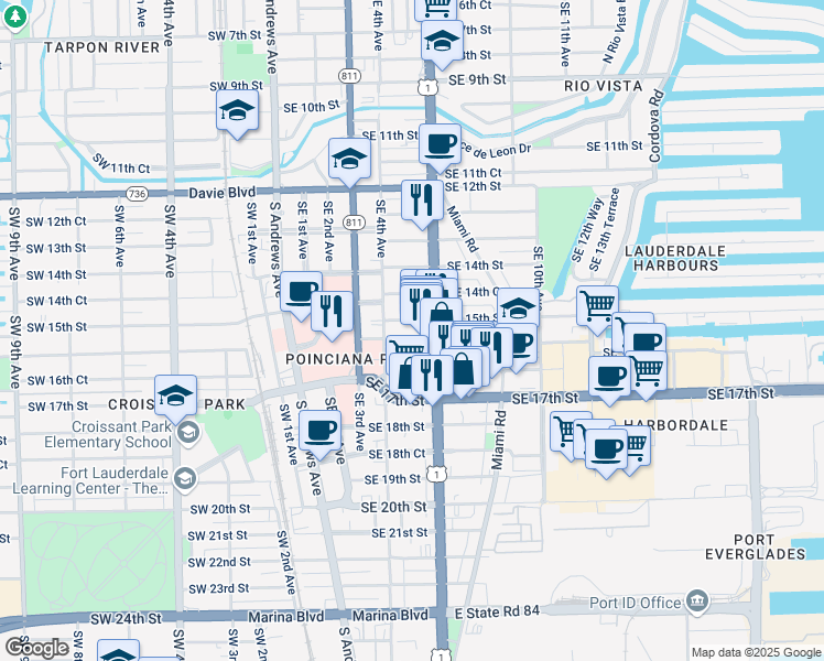 map of restaurants, bars, coffee shops, grocery stores, and more near 500 Southeast 15th Street in Fort Lauderdale