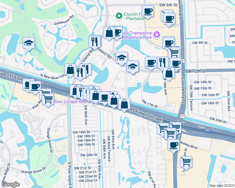 map of restaurants, bars, coffee shops, grocery stores, and more near 8221 Southwest 15th Street in Plantation