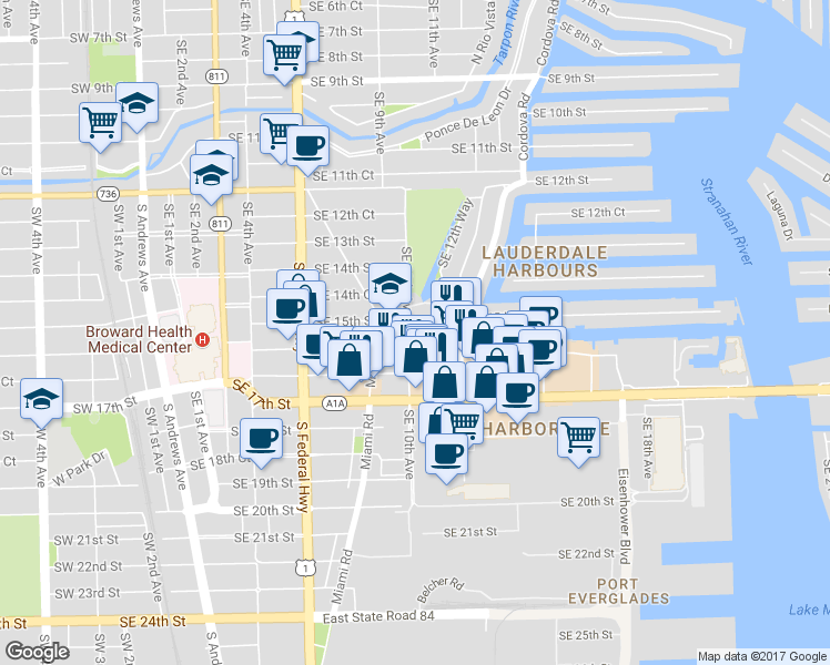 map of restaurants, bars, coffee shops, grocery stores, and more near 1445 Southeast 10th Avenue in Fort Lauderdale