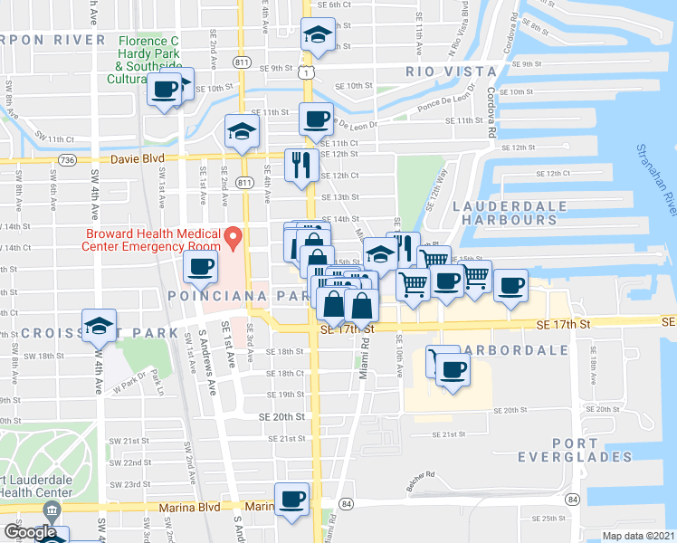 map of restaurants, bars, coffee shops, grocery stores, and more near 630 Southeast 15th Street in Fort Lauderdale