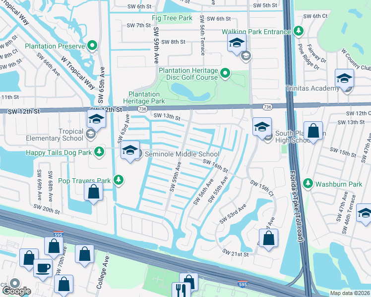 map of restaurants, bars, coffee shops, grocery stores, and more near 5880 Southwest 15th Street in Plantation