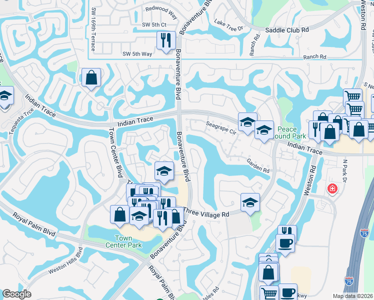 map of restaurants, bars, coffee shops, grocery stores, and more near 1408 Harbour Side Drive in Weston