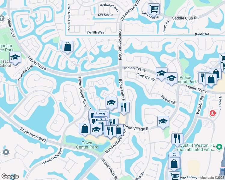 map of restaurants, bars, coffee shops, grocery stores, and more near 1317 Saint Tropez Circle in Weston