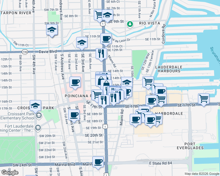 map of restaurants, bars, coffee shops, grocery stores, and more near 630 Southeast 15th Street in Fort Lauderdale