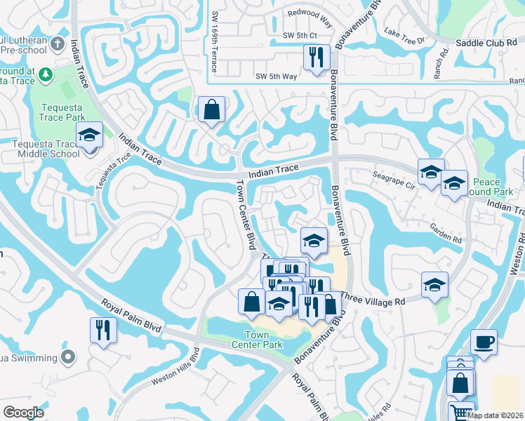 map of restaurants, bars, coffee shops, grocery stores, and more near 1427 Capri Lane in Weston