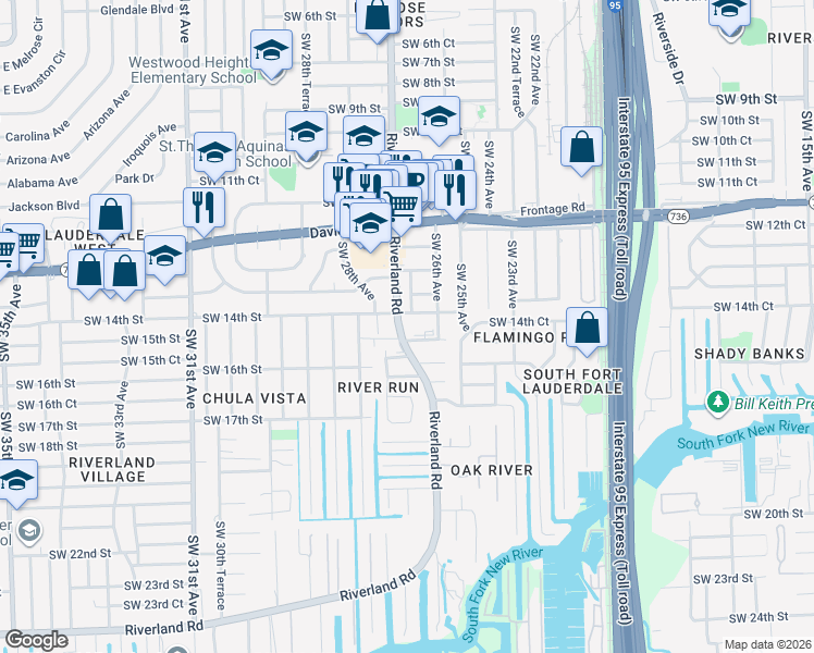 map of restaurants, bars, coffee shops, grocery stores, and more near 1401 Southwest 27th Avenue in Fort Lauderdale