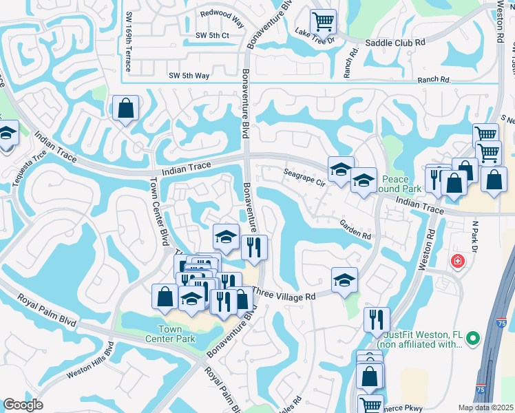 map of restaurants, bars, coffee shops, grocery stores, and more near 1408 Harbour Side Drive in Weston