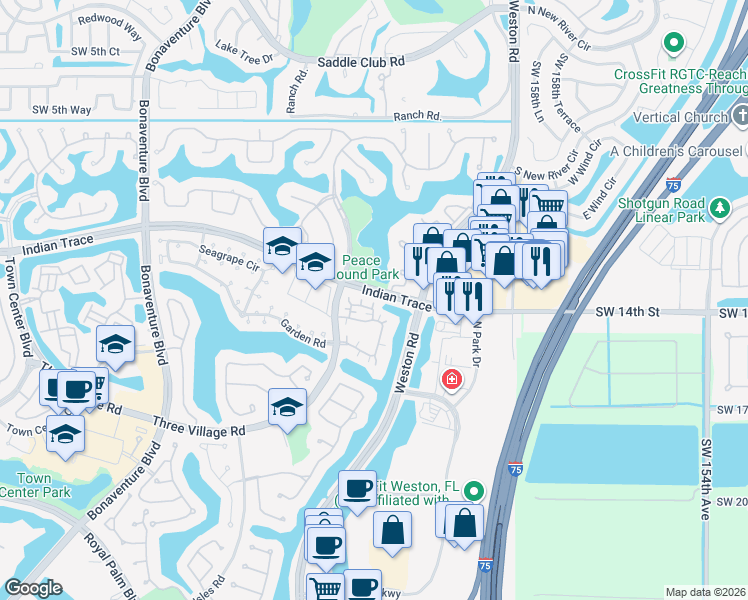map of restaurants, bars, coffee shops, grocery stores, and more near 1415 Cottonwood Circle in Weston
