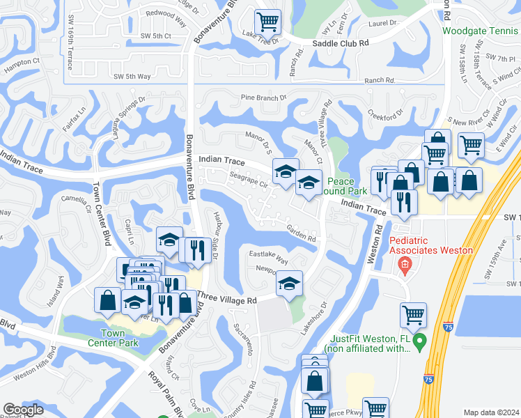 map of restaurants, bars, coffee shops, grocery stores, and more near 1377 Garden Road in Weston