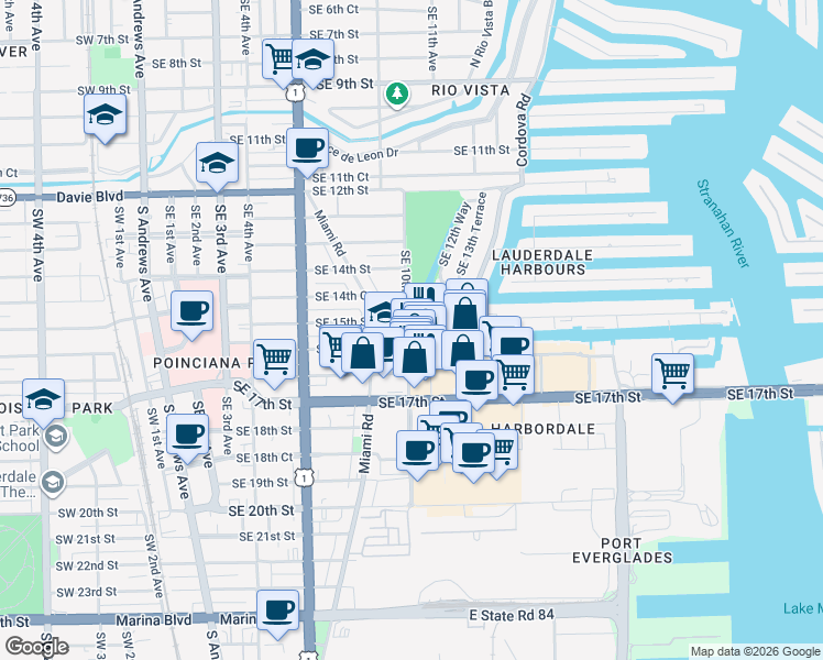 map of restaurants, bars, coffee shops, grocery stores, and more near 1445 Southeast 10th Avenue in Fort Lauderdale