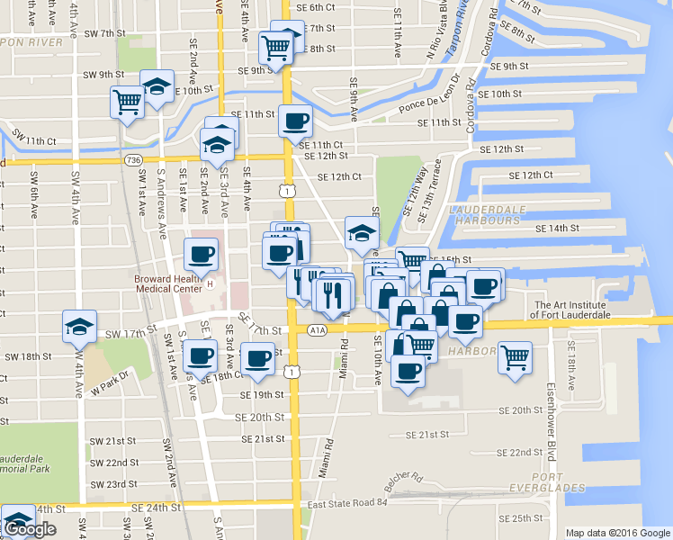 map of restaurants, bars, coffee shops, grocery stores, and more near 800 Southeast 15th Street in Fort Lauderdale