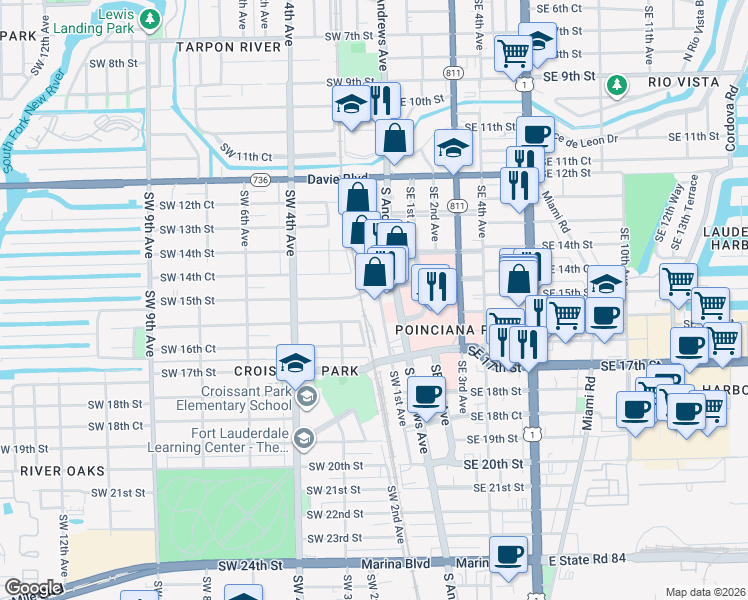 map of restaurants, bars, coffee shops, grocery stores, and more near 1503 Southwest 1st Avenue in Fort Lauderdale