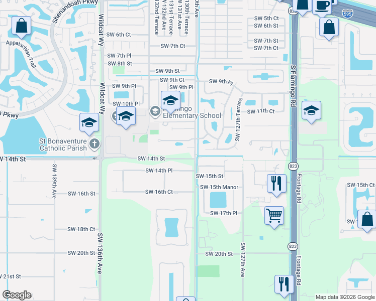 map of restaurants, bars, coffee shops, grocery stores, and more near 13080 Southwest 13th Street in Davie