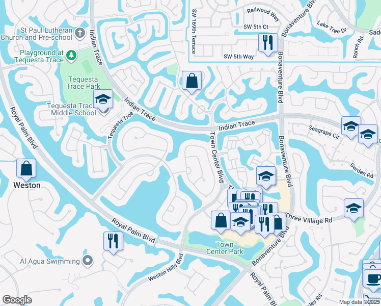 map of restaurants, bars, coffee shops, grocery stores, and more near 1157 Camellia Circle in Weston