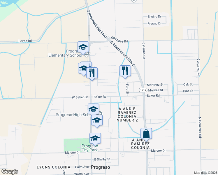 map of restaurants, bars, coffee shops, grocery stores, and more near 320 K Street in Weslaco