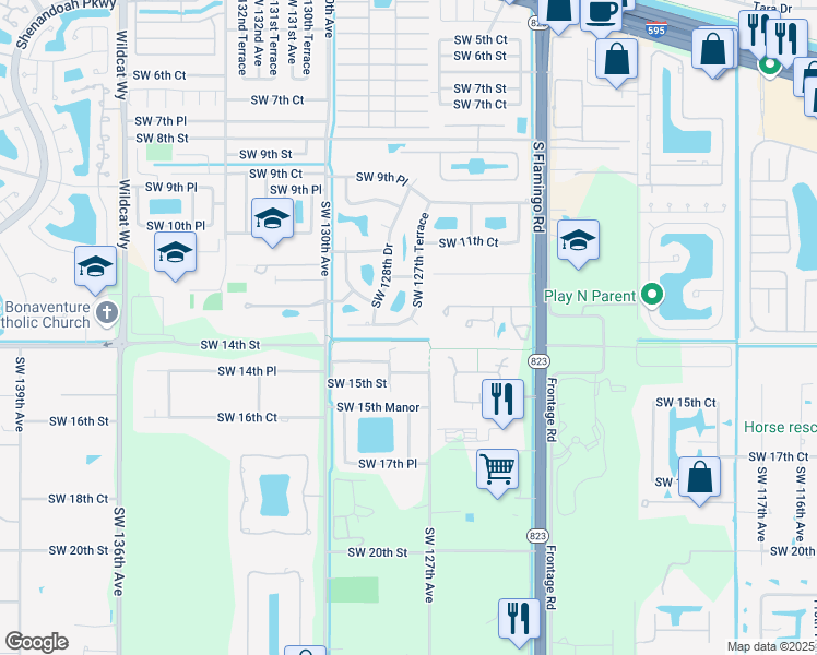 map of restaurants, bars, coffee shops, grocery stores, and more near 12700 Southwest 13th Manor in Davie