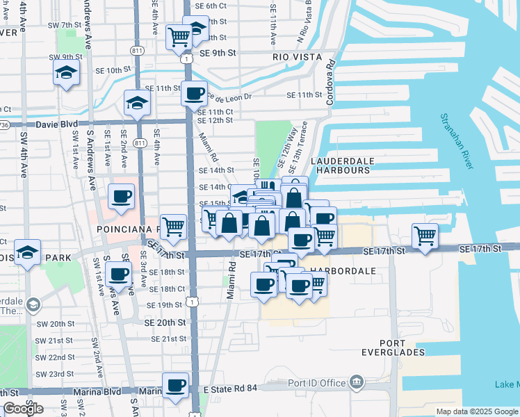 map of restaurants, bars, coffee shops, grocery stores, and more near 1445 Southeast 10th Avenue in Fort Lauderdale