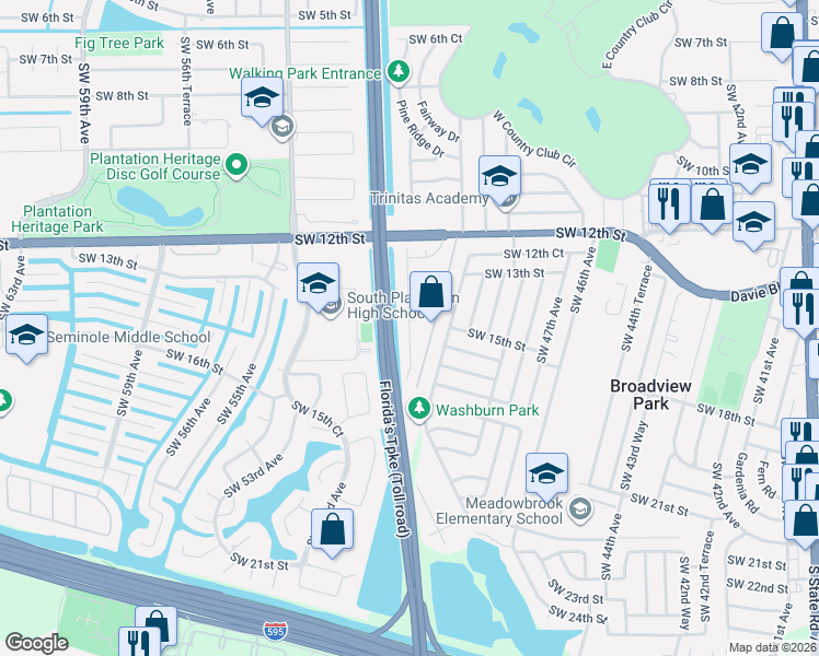 map of restaurants, bars, coffee shops, grocery stores, and more near 1480 Southwest 52nd Avenue in Plantation