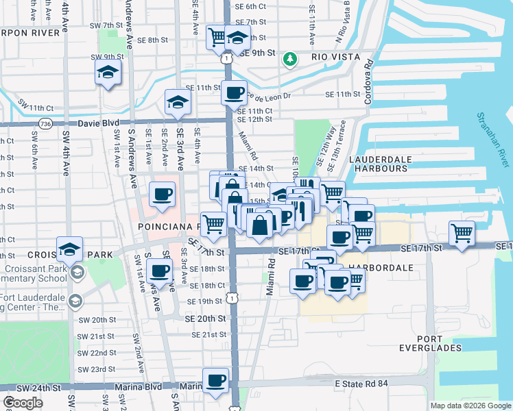 map of restaurants, bars, coffee shops, grocery stores, and more near 800 Southeast 15th Street in Fort Lauderdale