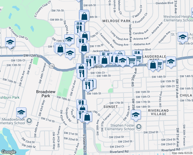 map of restaurants, bars, coffee shops, grocery stores, and more near 3808 Southwest 14th Street in Fort Lauderdale