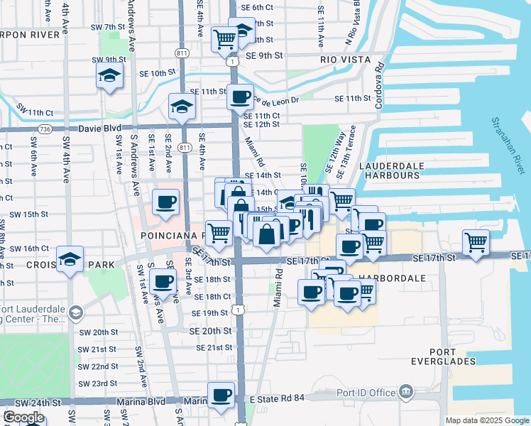 map of restaurants, bars, coffee shops, grocery stores, and more near 722 Southeast 15th Street in Fort Lauderdale