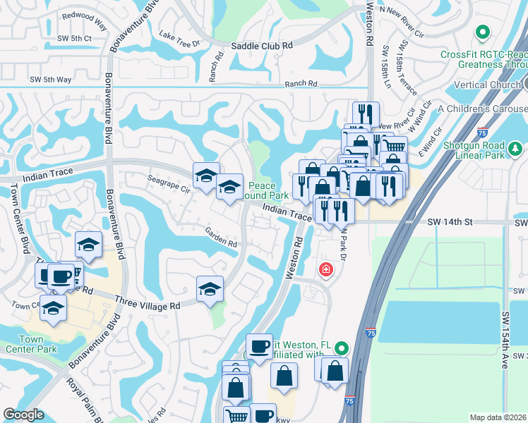 map of restaurants, bars, coffee shops, grocery stores, and more near 1415 Cottonwood Circle in Weston