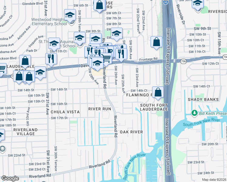 map of restaurants, bars, coffee shops, grocery stores, and more near 2621 Southwest 15th Street in Fort Lauderdale