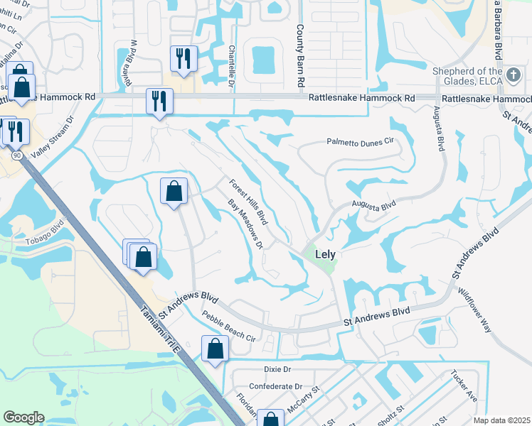 map of restaurants, bars, coffee shops, grocery stores, and more near 337 Forest Hills Boulevard in Naples