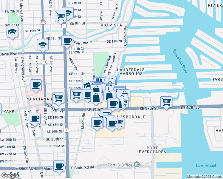 map of restaurants, bars, coffee shops, grocery stores, and more near 1424 Southeast 15th Street in Fort Lauderdale