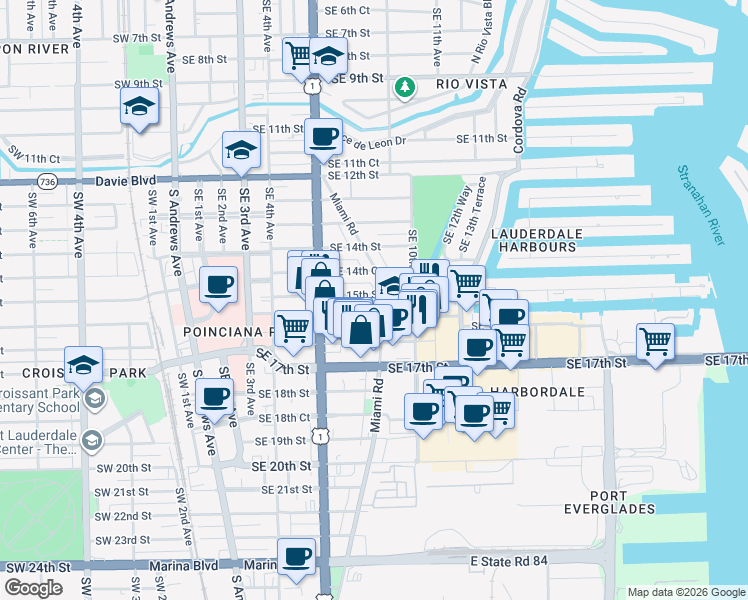 map of restaurants, bars, coffee shops, grocery stores, and more near 800 Southeast 15th Street in Fort Lauderdale