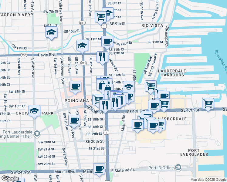 map of restaurants, bars, coffee shops, grocery stores, and more near 630 Southeast 15th Street in Fort Lauderdale