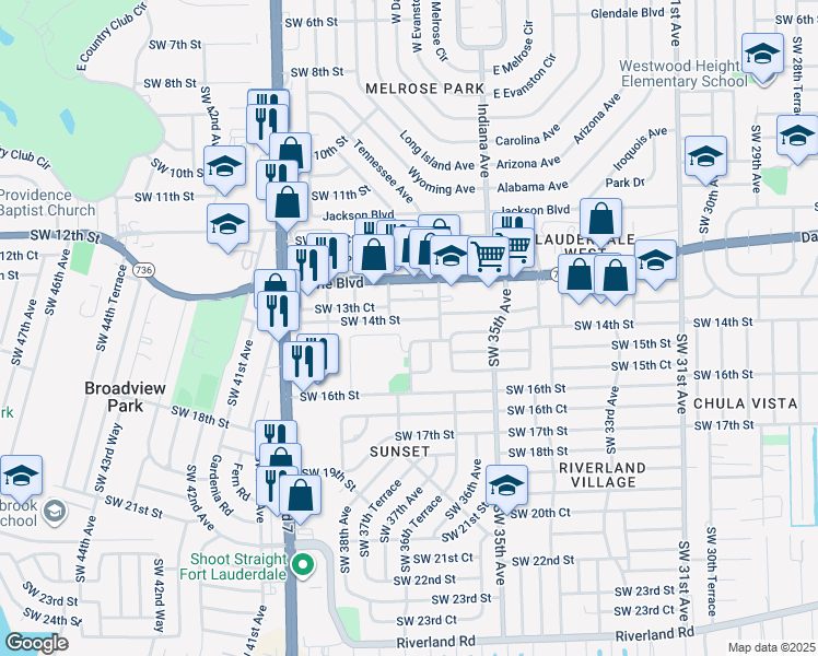 map of restaurants, bars, coffee shops, grocery stores, and more near 3616 Southwest 14th Street in Fort Lauderdale