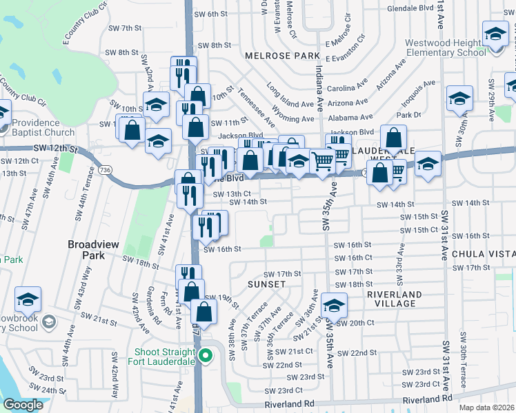 map of restaurants, bars, coffee shops, grocery stores, and more near 3704 Southwest 14th Street in Fort Lauderdale