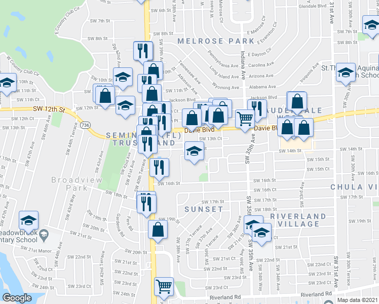 map of restaurants, bars, coffee shops, grocery stores, and more near 3704 Southwest 14th Street in Fort Lauderdale
