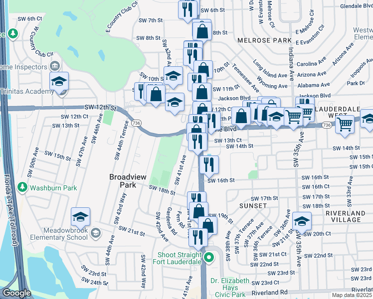 map of restaurants, bars, coffee shops, grocery stores, and more near 4011 Southwest 14th Street in Fort Lauderdale
