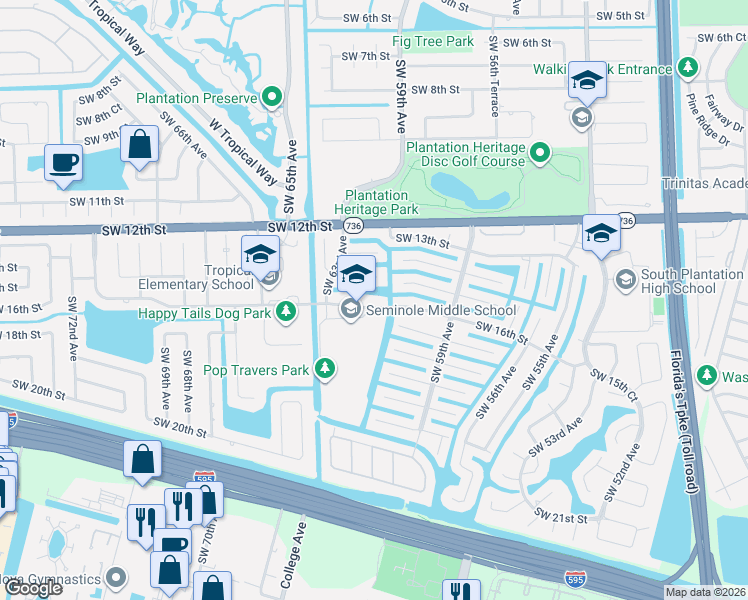 map of restaurants, bars, coffee shops, grocery stores, and more near 6101 Southwest 16th Street in Plantation